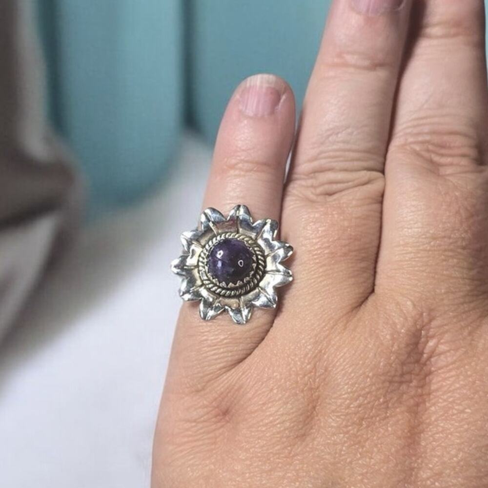 Amethyst Cabochon Flower Ring in Sterling Silver 925 – Romantic Ring, Size 6